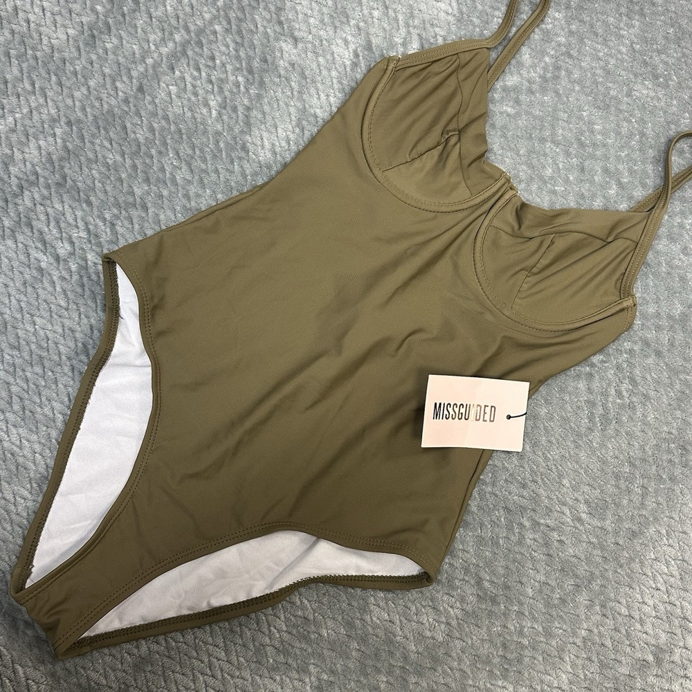 Missguided One Piece Swimsuit Women's 4 Underwire High Leg Army Green‎
